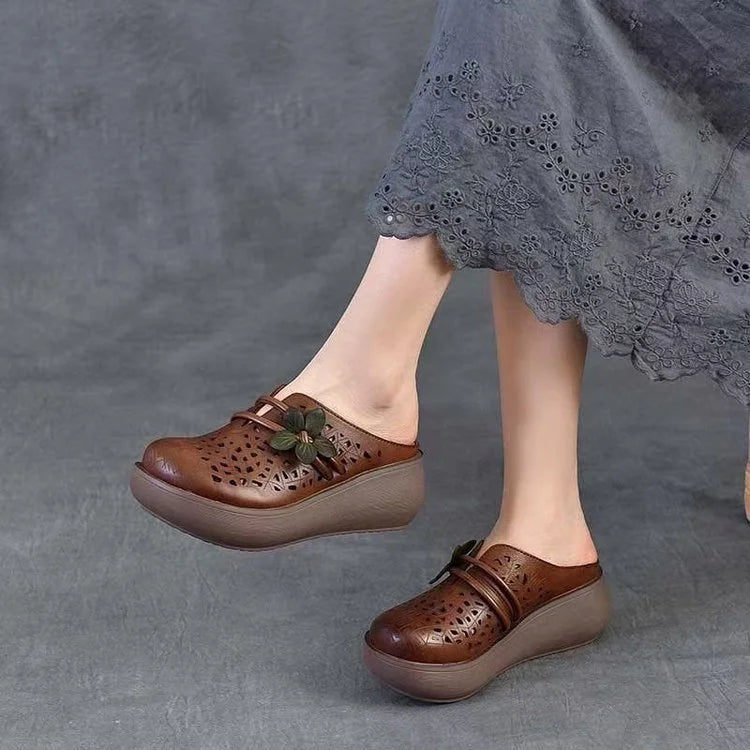 Women’s Hollow Leather-Look Wedge Comfort Sandals