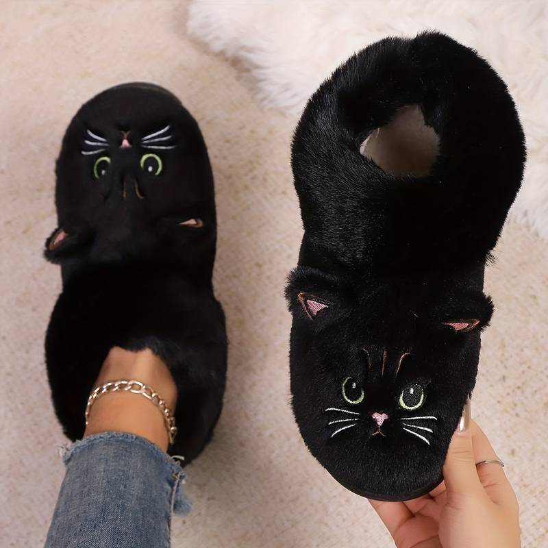 Women’s Plush Cat Face Indoor Slippers with Warm Lined Collar