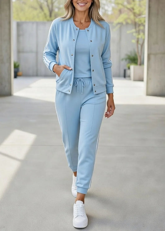 Women’s Sport Stripe Button Jacket & Jogger 3-Piece Set