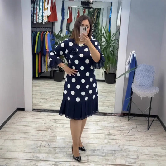Women’s Polka Dot Flared Ruffle Hem Midi Dress