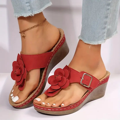 Floral Wedge Flip-Flop Sandals with Cushioned Sole