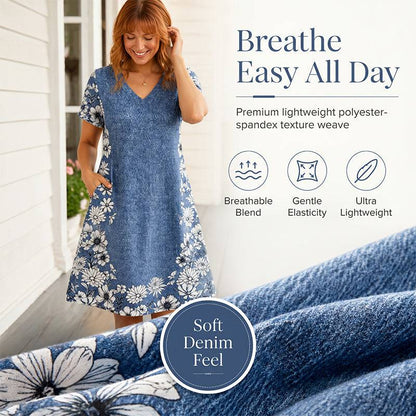 Women’s Denim-Print Floral V-Neck Dress