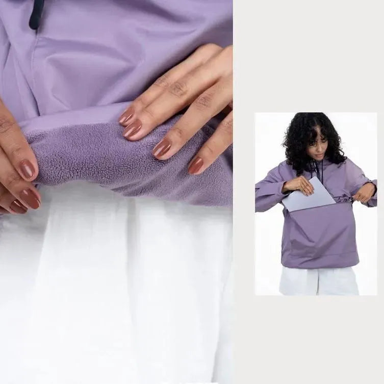 Women’s Fleece-Lined Waterproof Half-Zip Rain Jacket with Kangaroo Pocket