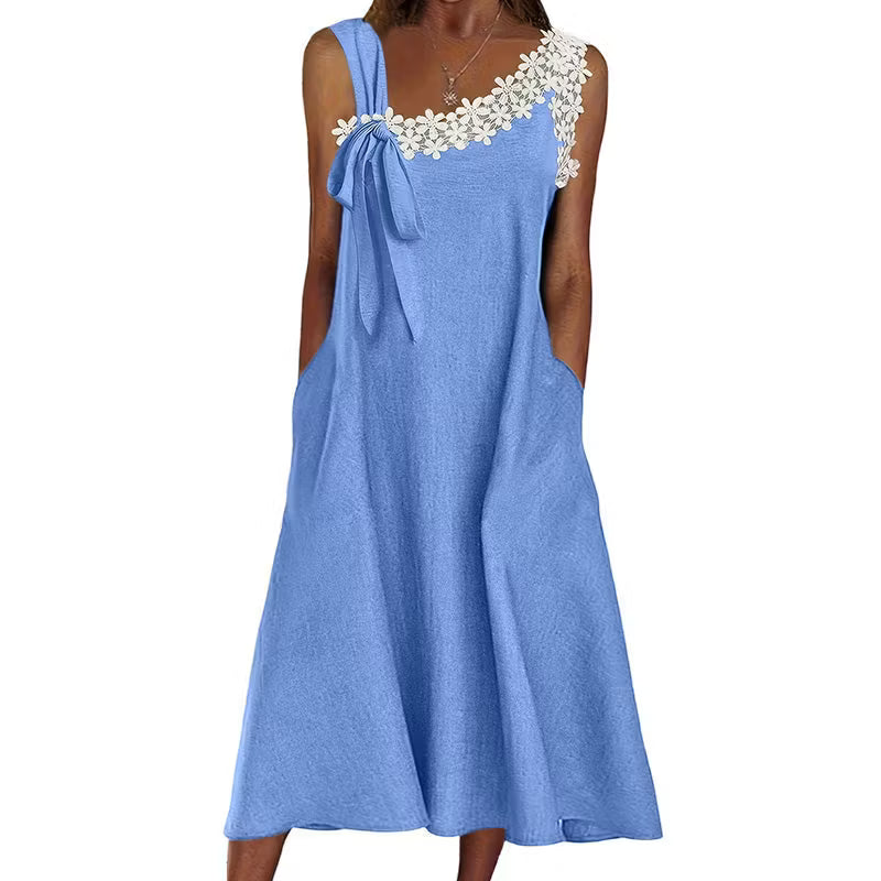Women’s Floral Lace Trim Bow-Shoulder Midi Dress