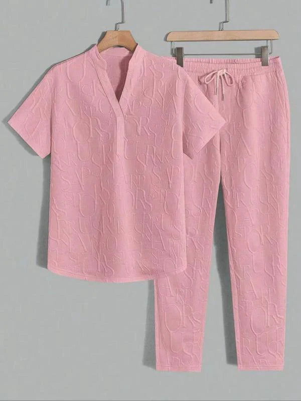 Men’s Embossed Pattern T-Shirt and Drawstring Trouser Set