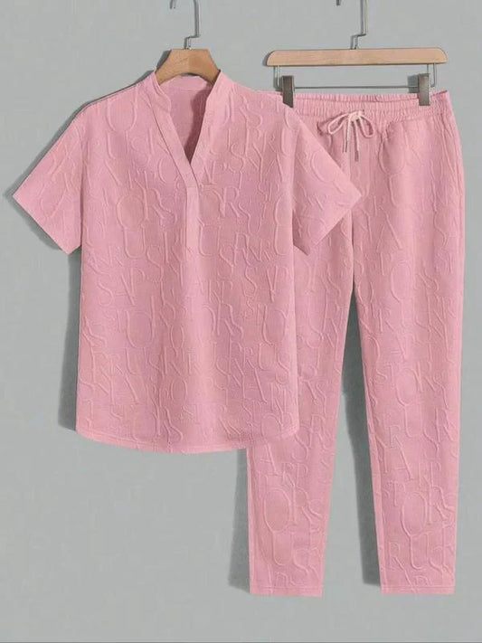 Men’s Embossed Pattern T-Shirt and Drawstring Trouser Set
