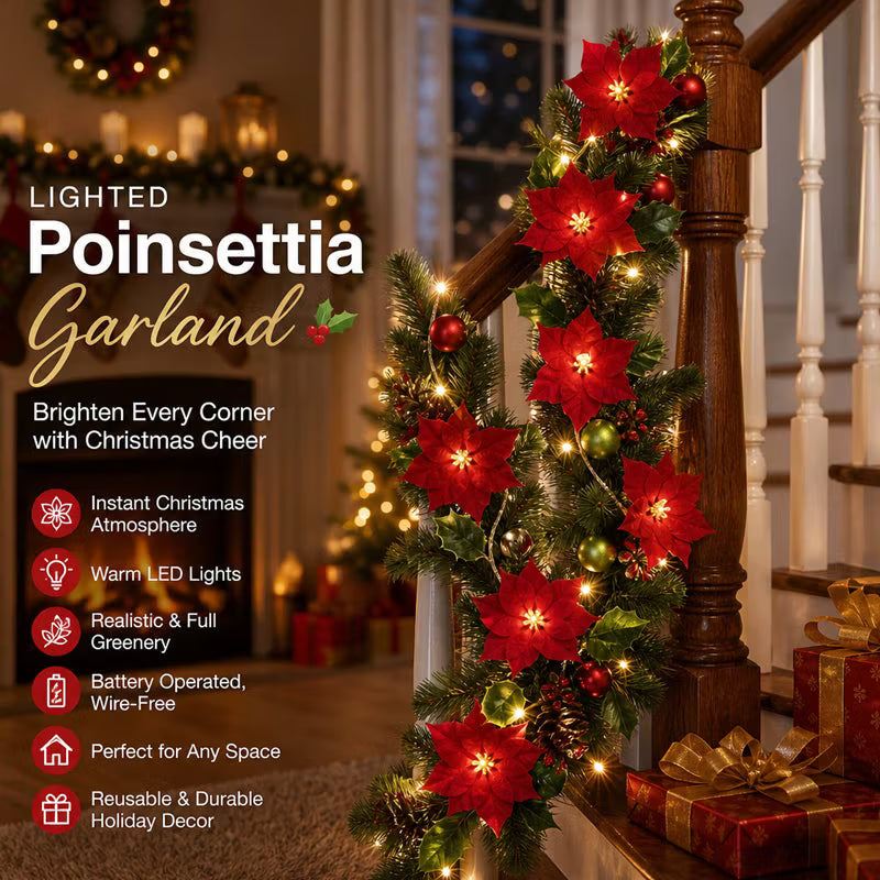 Festive Poinsettia LED Garland