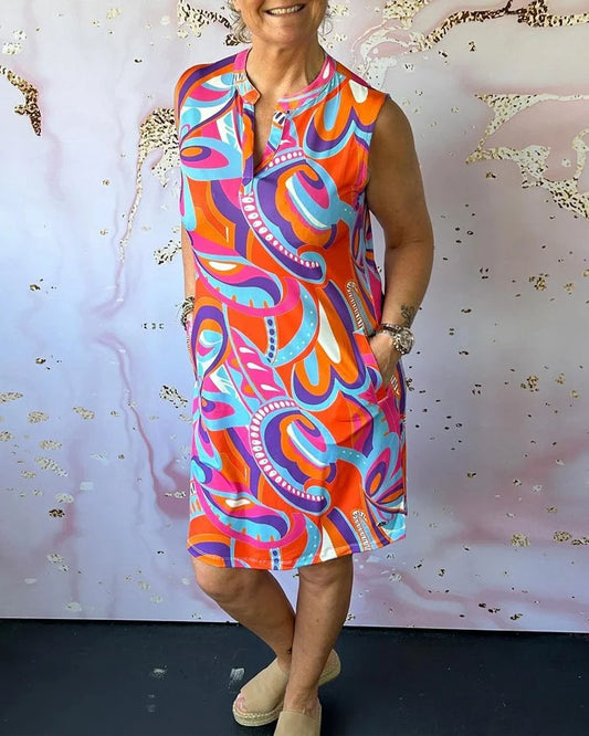 Women’s Printed Sleeveless Stand Collar Pocket Dress