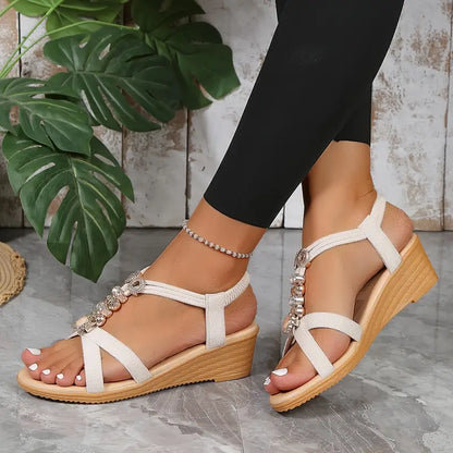 Boho Beaded Wedge Sandals - T-Strap, Open-Toe, Summer Style