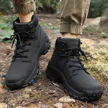 (🤜Work Hard For 5+ Years) Men Leather-Look Motorcycle Boots Waterproof Non-Slip Anti-Puncture Anti-Sprain Hiking Work Boots