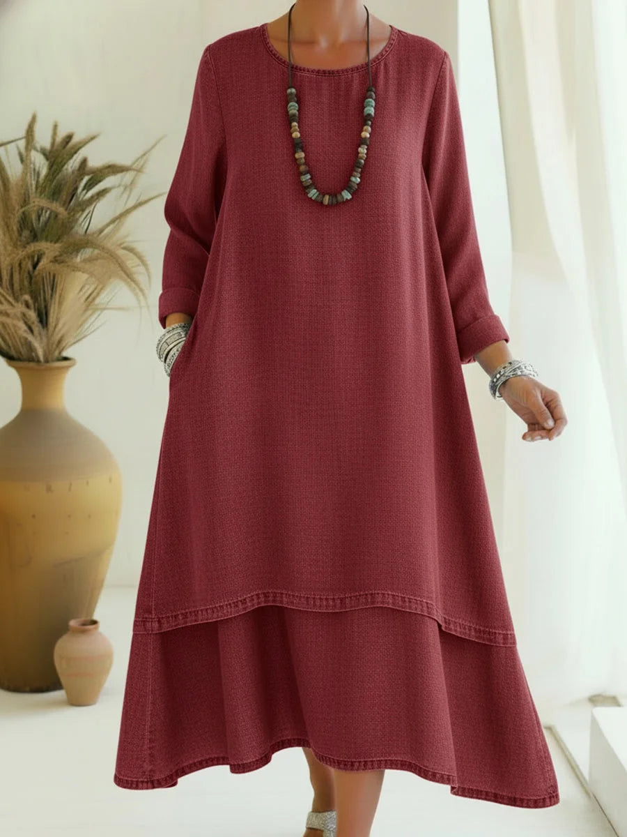Women’s Double-Layer Denim Midi Dress with Relaxed Sleeves