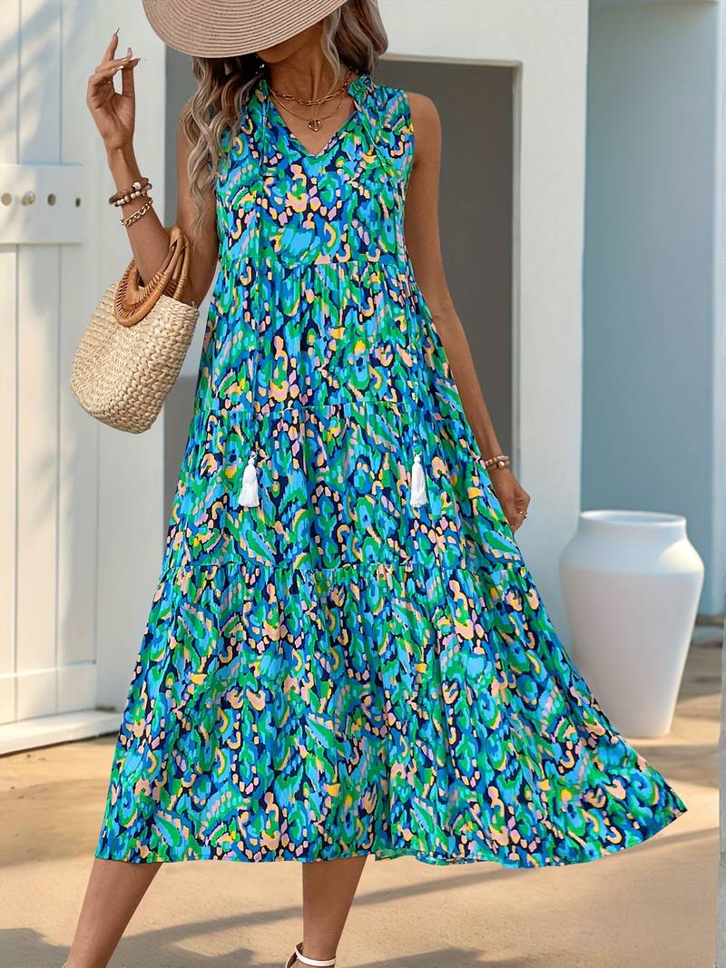 Women’s Bohemian Tassel-Tie Sleeveless Printed Midi Dress