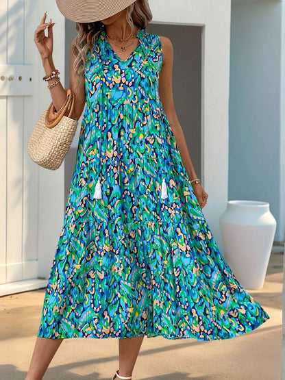 Women’s Bohemian Tassel-Tie Sleeveless Printed Midi Dress