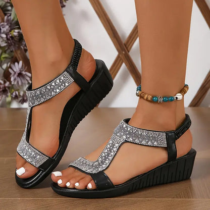 Bohemian Rhinestone Wedge Sandals – Slip-On Open-Toe Mid Heel