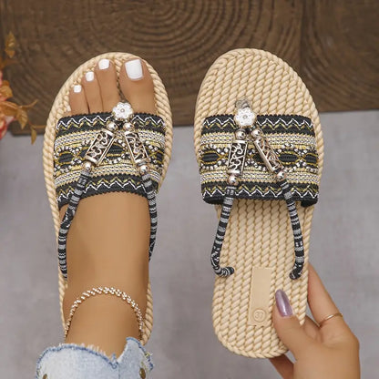 🌸 Boho Ethnic Beaded Strap Flat Sandals