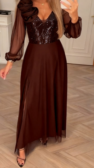 Women’s Sequin Bodice Sheer-Sleeve Floral Detail Evening Maxi Dress