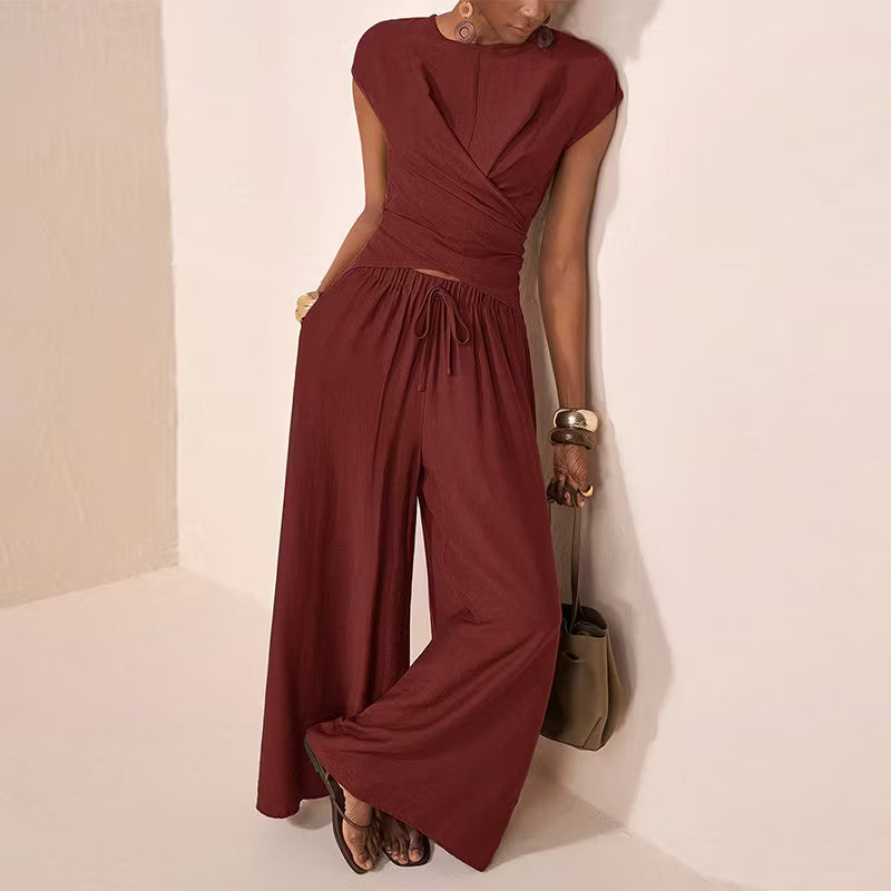 Women's Crossover Top and Wide-Leg Trouser Set