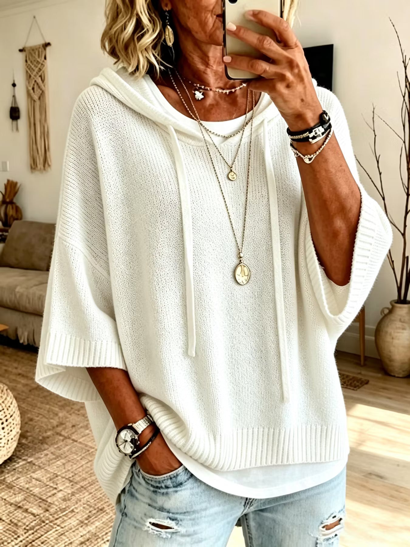 Women's Hooded Three-Quarter Sleeve Top