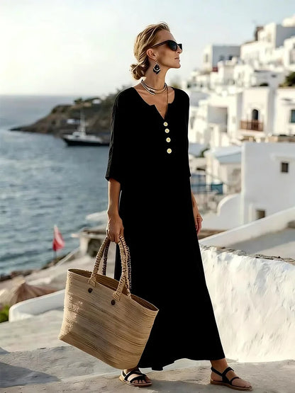 Women’s Relaxed V-Neck Button Detail Midi Dress