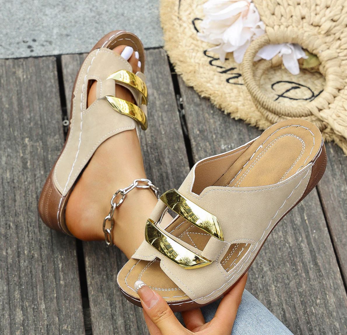 Women's Sandals with Wide Toe, Metal Buckle and Embellishment