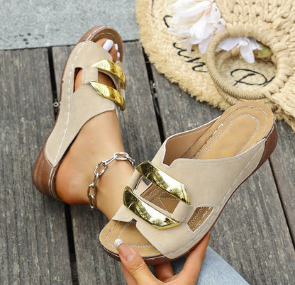Women's Sandals with Wide Toe, Metal Buckle and Embellishment