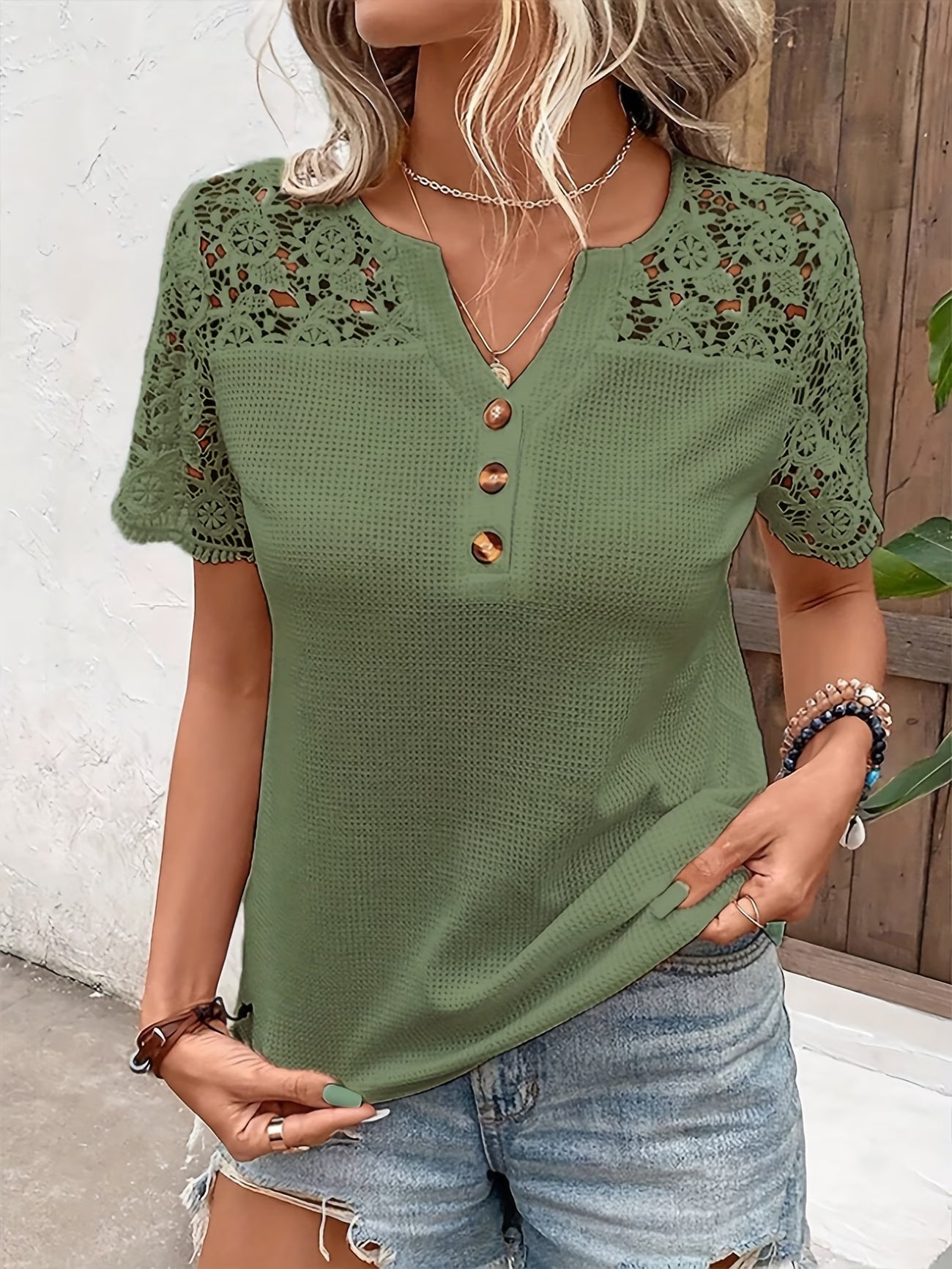 Women's Lace-Trim V-Neck Short-Sleeve Top