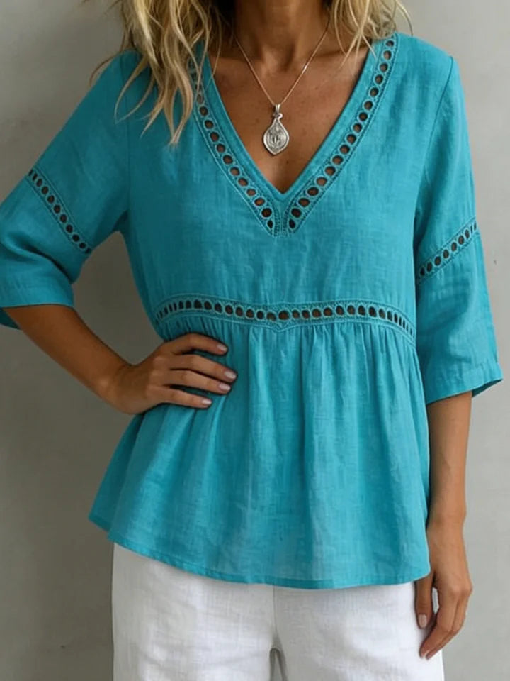 Women’s Cotton Linen V-Neck Lace Panel Blouse