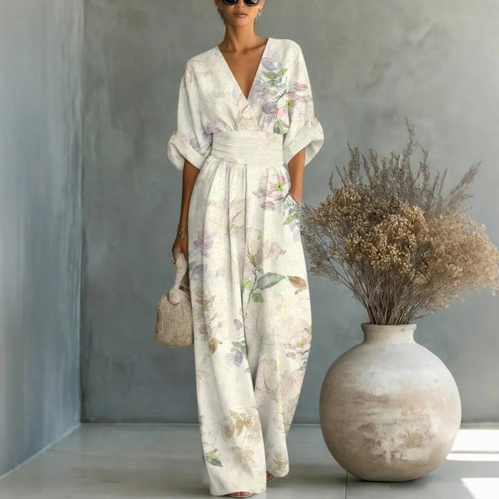 Women's Printed V-Neck Wide-Leg Jumpsuit