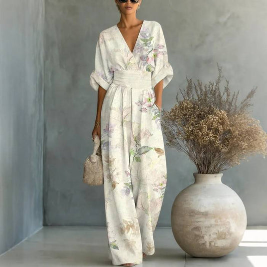 Women's Printed V-Neck Wide-Leg Jumpsuit