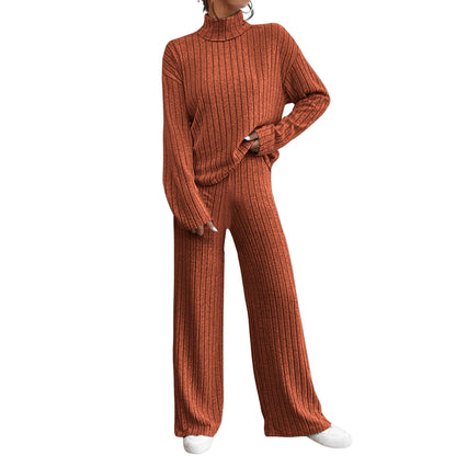 Women’s High-Neck Fur-Collar Embossed Knit Lounge Set