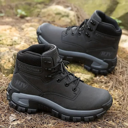 (🤜Work Hard For 5+ Years) Men Leather-Look Motorcycle Boots Waterproof Non-Slip Anti-Puncture Anti-Sprain Hiking Work Boots