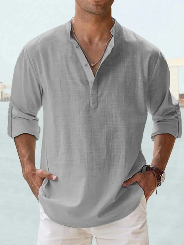 Men’s Casual Henley Collar Long Sleeve Cotton Shirt