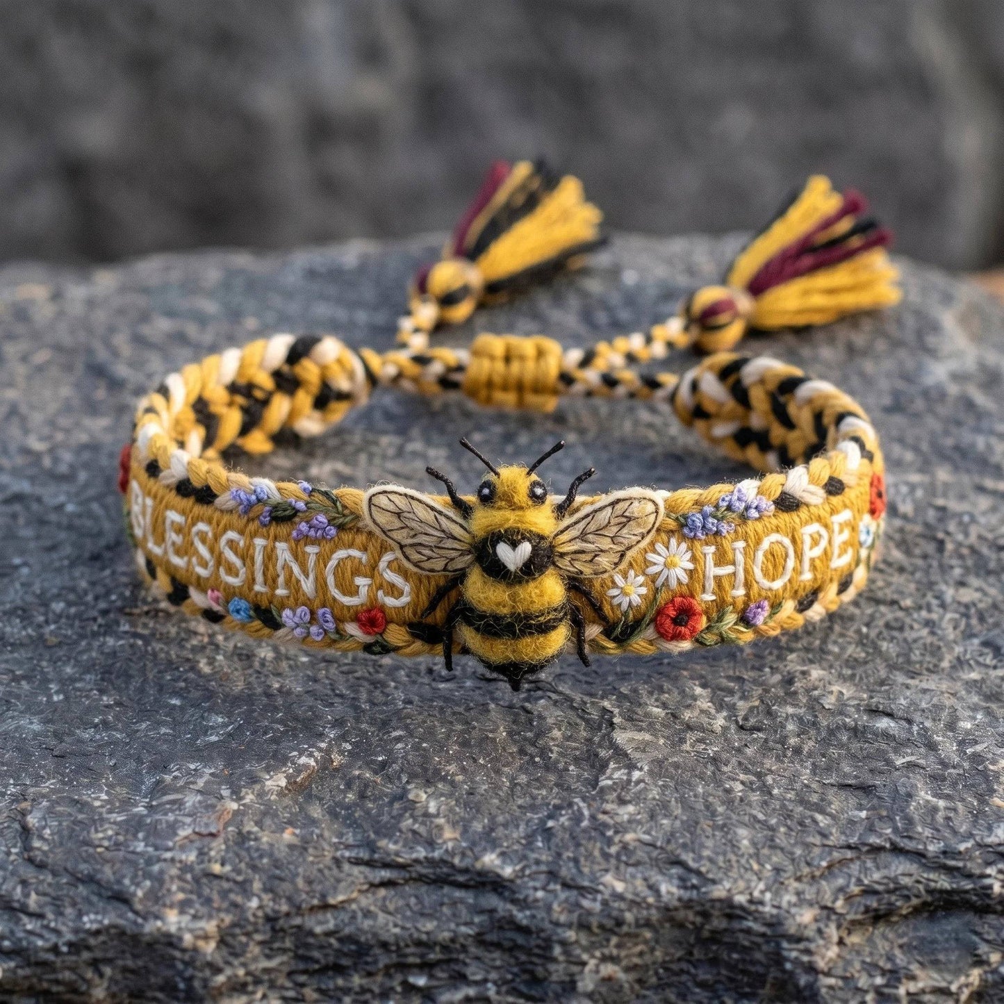 Bee Embroidered Woven Bracelet