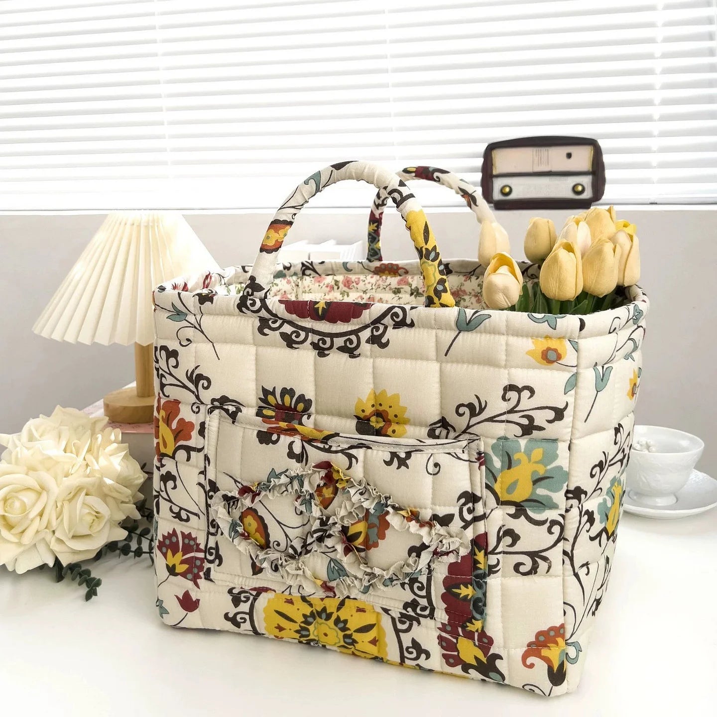 Boho Quilted Fabric Storage Basket Tote