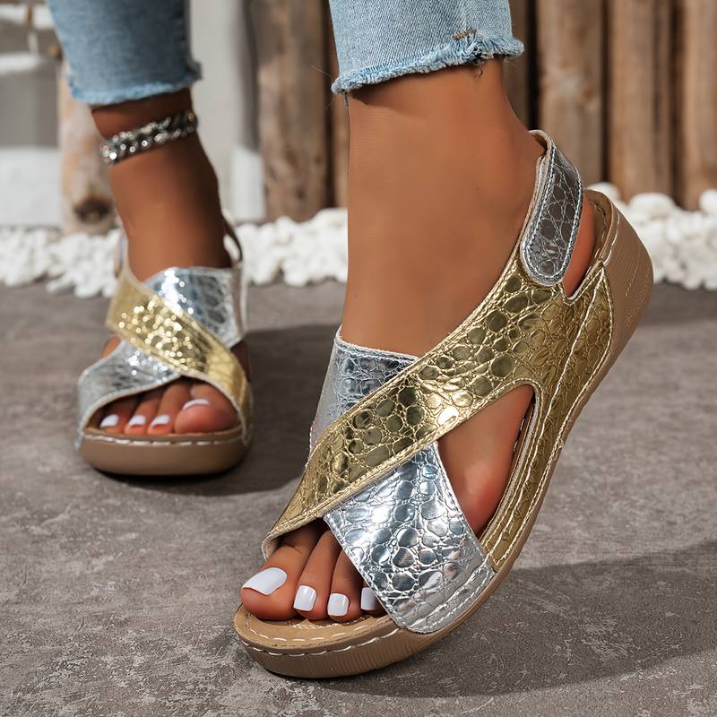 Women’s Metallic Snake-Print Wedge Sandals with Adjustable Strap