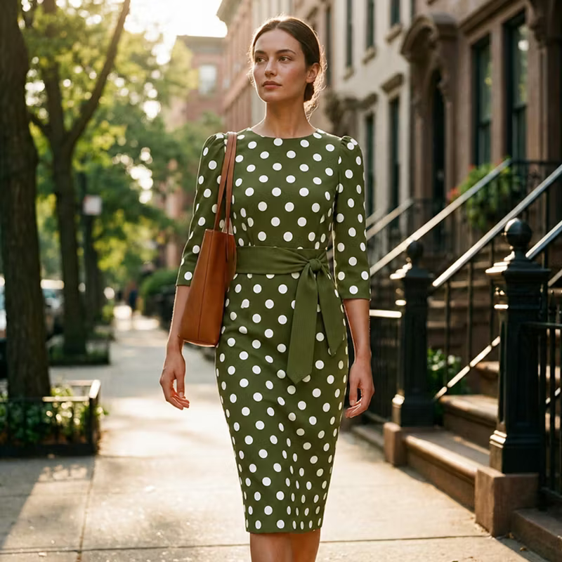 Women’s Polka Dot Belted Midi Dress