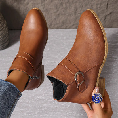 Women’s Comfortable Chunky Heel Leather-Look Ankle Boots
