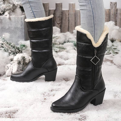 Women’s Warm Lined Mid Calf Boots with Side Zip and Chunky Heel