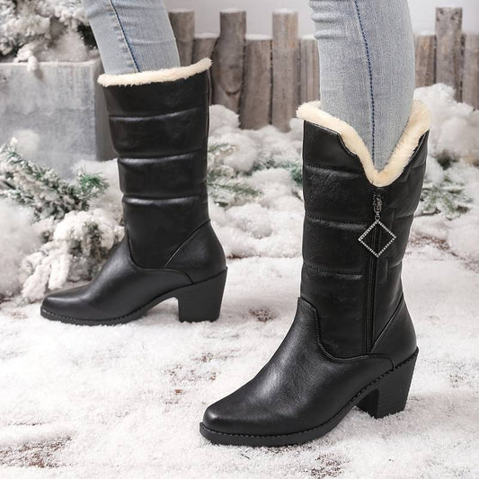 Women’s Warm Lined Mid Calf Boots with Side Zip and Chunky Heel