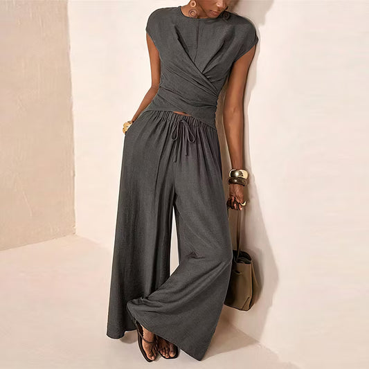 Women's Crossover Top and Wide-Leg Trouser Set
