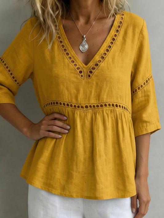 Women’s Cotton Linen V-Neck Lace Panel Blouse