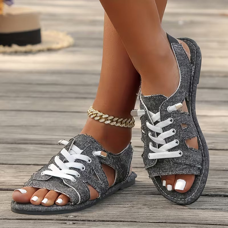 Women’s Denim-Look Lace-Up Flat Sandals