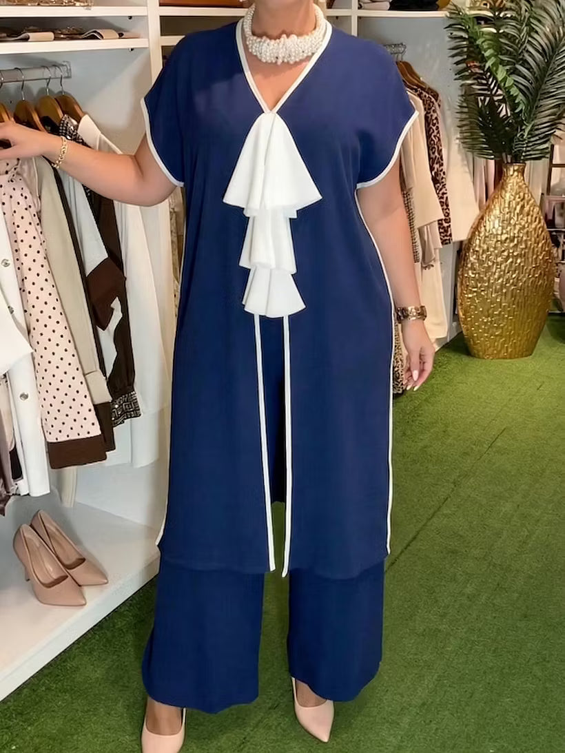 Women's Elegant Contrast-Trim Tunic and Wide-Leg Trouser Set