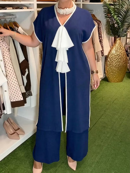 Women's Elegant Contrast-Trim Tunic and Wide-Leg Trouser Set