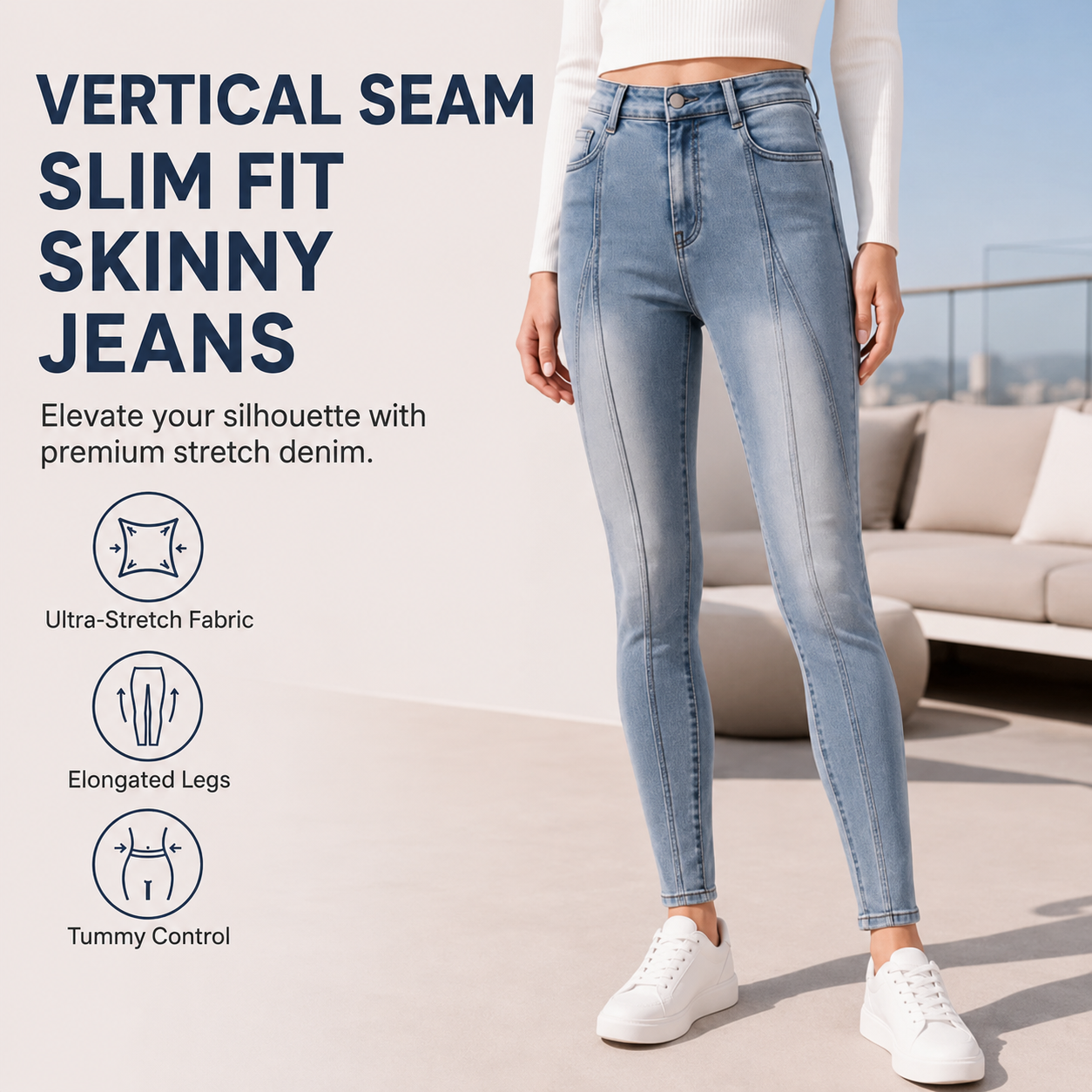 Women's High Waist Vertical Seam Skinny Jeans