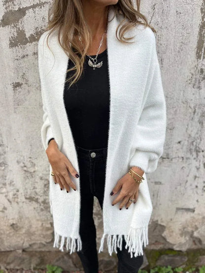 Women's long-sleeved coat with fringes, for everyday wear