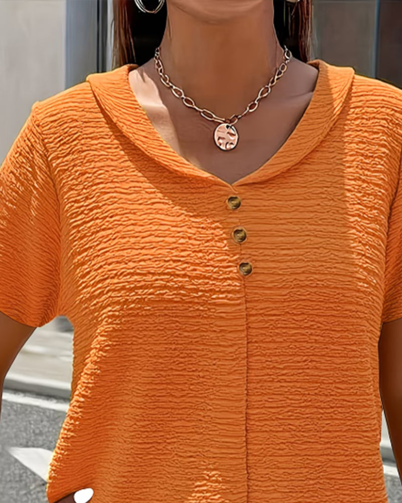Women’s Textured V-Neck Button Detail Casual T-Shirt