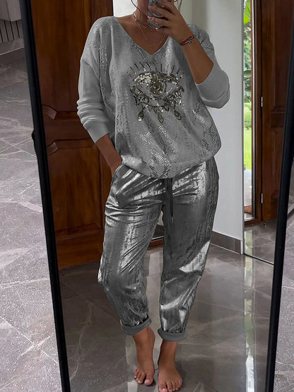 Women’s Metallic Lounge Two Piece Set with V Neck Top