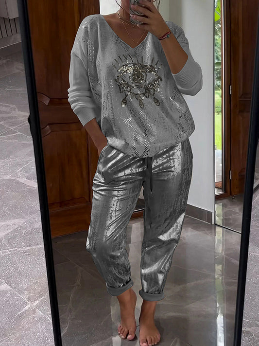 Women’s Metallic Lounge Two Piece Set with V Neck Top