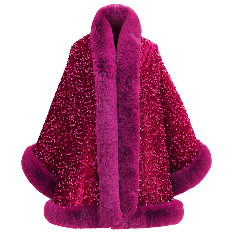 Women’s Sequined Faux Fur Trim Evening Shawl Wrap